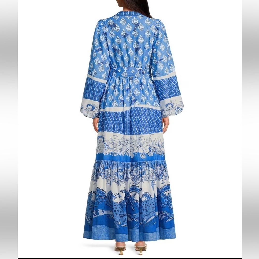 A Loves A Border Print Mandarin Collar Long Sleeve Button Front/Tie Maxi Dress - Picture 2 of 12